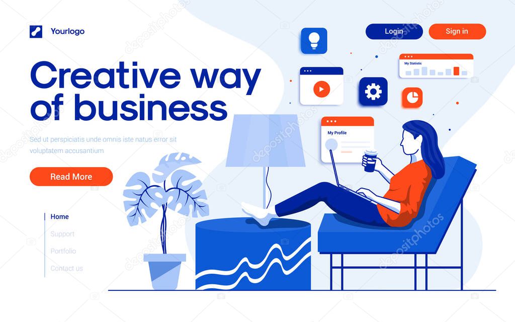 Landing page template of Creative way of business. Young woman work on creative way on her laptop. Modern flat design concept of web page design for website and mobile website. Easy to edit and customize. Vector illustration