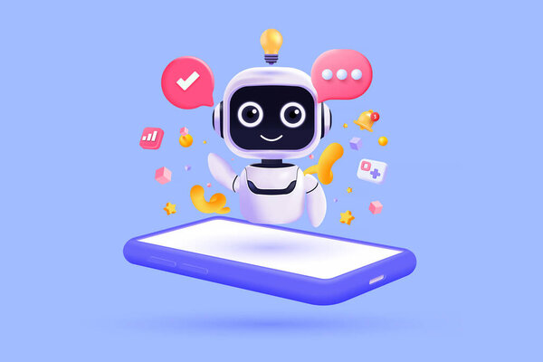 Modern 3D illustration of a cute AI robot assistant with chat bubbles, mobile phone, and digital icons. Perfect for technology, apps, chatbots, and customer support concepts. Vector
