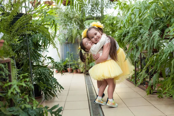 Irmãs Felizes Passeio Jardim Botânico Meninas Saias Amarelas — Fotografia de Stock