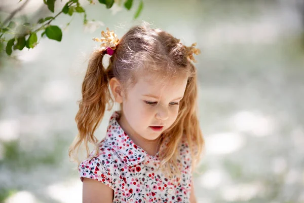 Piccola Ragazza Carina Che Cammina Nel Parco Estivo All Aperto — Foto Stock