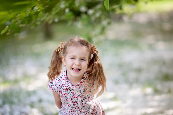 Pequena Menina Bonito Andando Parque Verão Livre — Fotografia de Stock