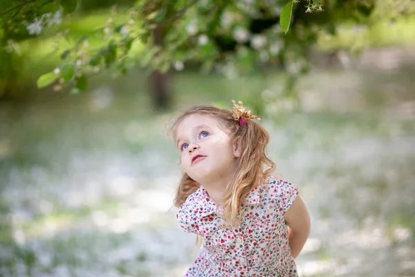 Petite Fille Mignonne Marchant Dans Parc Été Plein Air — Photo