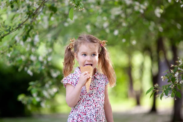 Маленька Мила Дівчинка Гуляє Літньому Парку Їсть Морозиво Відкритому Повітрі — стокове фото