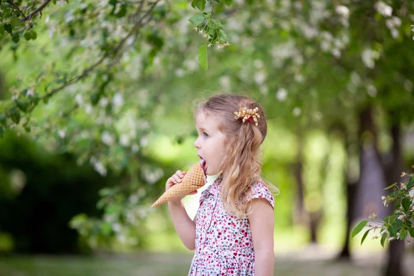 夏の公園でウォーキングやアイスクリーム 屋外を食べるかわいい女の子 — ストック写真