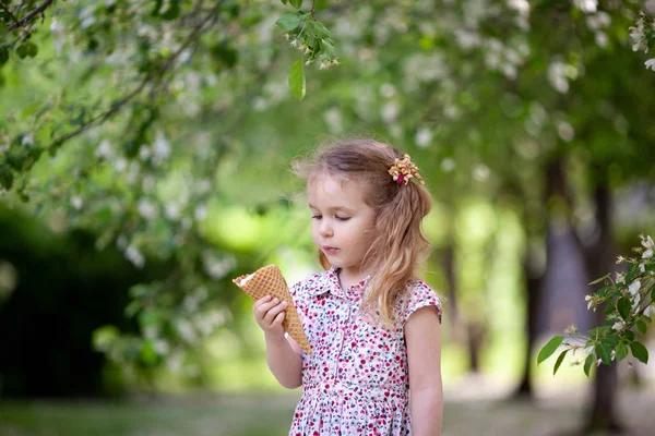 Kleines Süßes Mädchen Das Sommerpark Spazieren Geht Und Eis Isst — Stockfoto