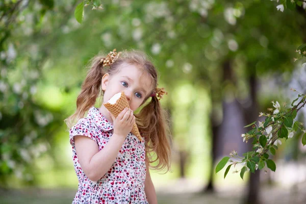 Yaz Park Yürüyordunuz Dondurma Açık Yemek Küçük Şirin Kız — Stok fotoğraf