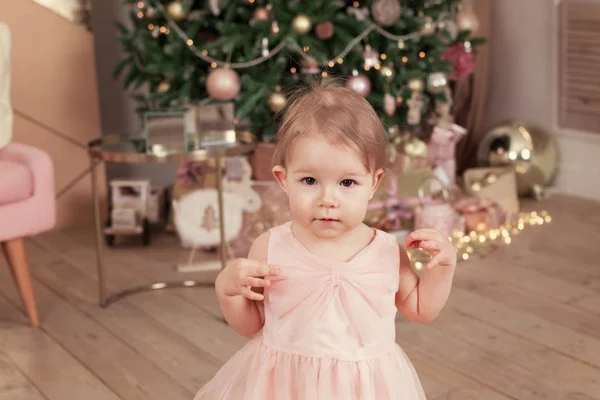 Portrait Funny Happy Child Christmas Background Small Girl Playing New — Stock Photo, Image