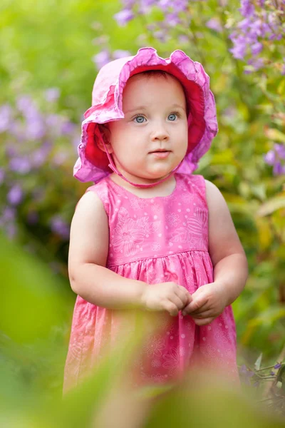 Portrait Cute Little Girl Summer Garden Background Flowers — Stock Photo, Image