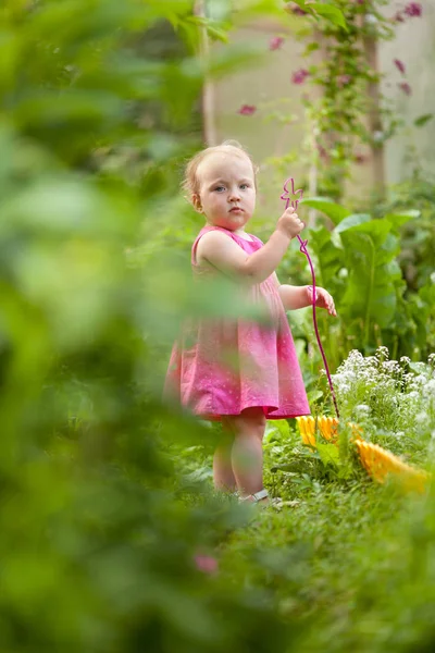 Ritratto Graziosa Bambina Nel Giardino Estivo Sfondo Fiori — Foto Stock