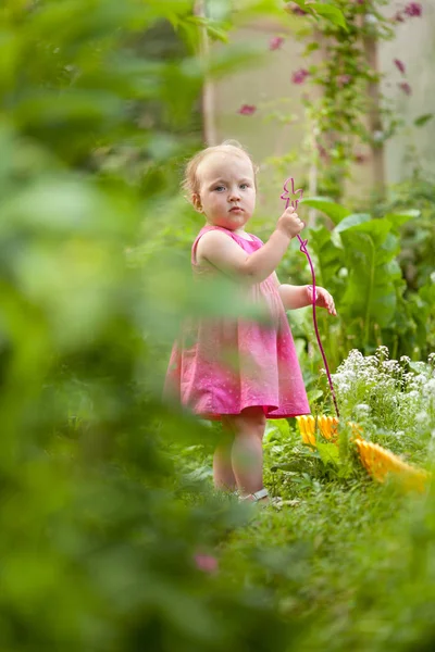 Porträtt Söt Liten Flicka Sommarträdgården Bakgrund Blommor — Stockfoto