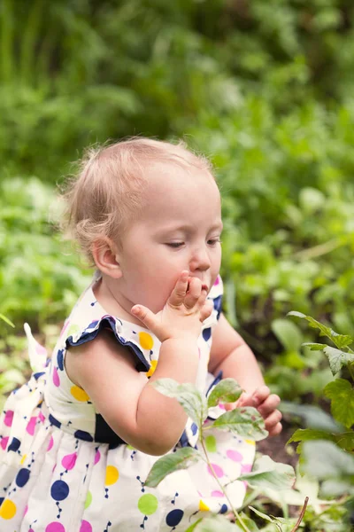 Retrato Menina Bonito Jardim Verão Fundo Das Flores — Fotografia de Stock