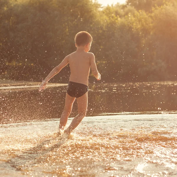 Happy Child Run Water Bathe River Outdoor — Stock Photo, Image