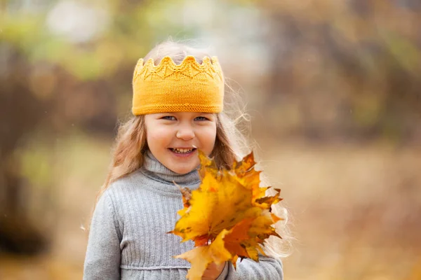 Schöne Mädchen Gestrickten Krone Spaziergänge Herbst Park Freien — Stockfoto