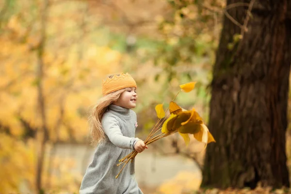 Belle Fille Tricot Couronne Promenades Dans Parc Automne Plein Air — Photo