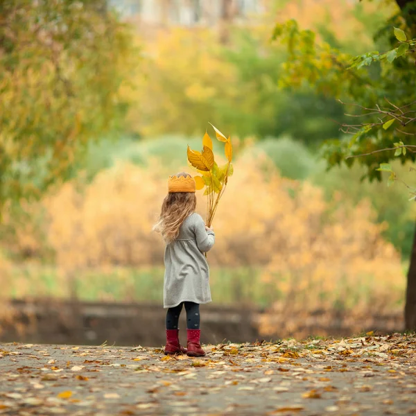 Mooi Meisje Gebreide Kroon Wandelingen Herfst Park Buiten — Stockfoto