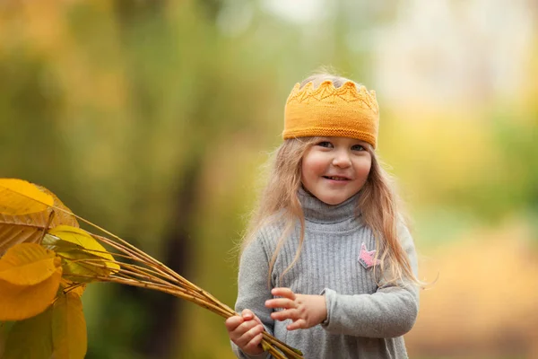 Schöne Mädchen Gestrickten Krone Spaziergänge Herbst Park Freien — Stockfoto