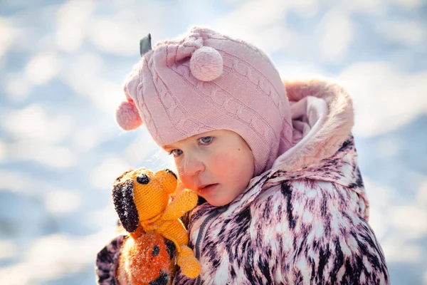 小漂亮红润的女孩的冬步 孩子玩软玩具 — 图库照片