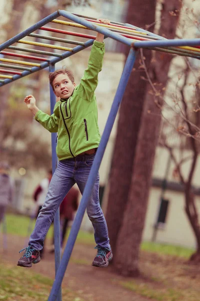 Boy Playing Sports Outdoors Teenager Goes Sports Autumn Park — Stock Photo, Image