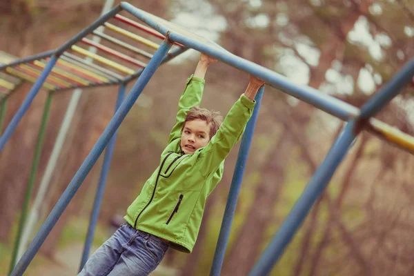 Boy Playing Sports Outdoors Teenager Goes Sports Autumn Park — Stock Photo, Image