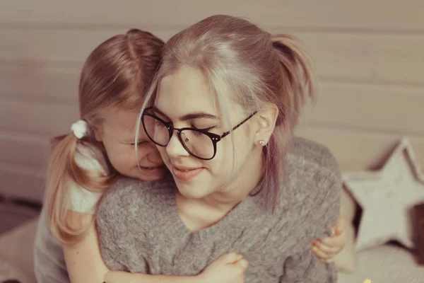 Cozy Photo Session Two Beautiful Happy Sisters Wooden House Style — Stock Photo, Image