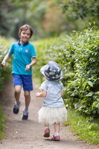 Маленькие Симпатичные Веселые Девочка Мальчик Гуляющие Летнем Парке Открытым Небом — стоковое фото