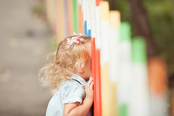Kleines Hübsches Mädchen Zeichnet Mit Kreide Der Nähe Des Zauns — Stockfoto