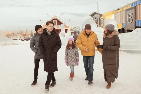 Chodzić Dużej Rodziny Lodu Odkrytym Placu Zabaw Zimowych — Zdjęcie stockowe