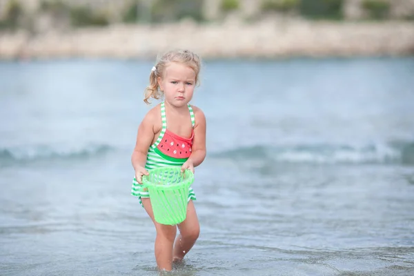 Little Cute Happy Girl Plays Swims Sea Spain — Stock Photo, Image