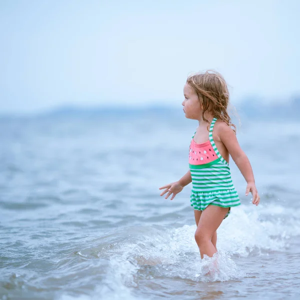 Little Cute Happy Girl Plays Swims Sea Spain — Stock Photo, Image