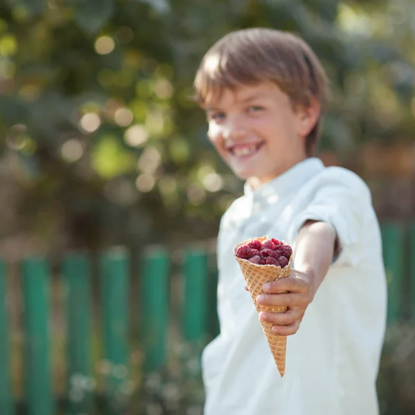 Glücklich schöner Junge isst Himbeeren im Sommer Garten, im Freien. — Stockfoto