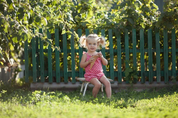 Mutlu küçük kız yaz bahçesinde, açık meyveleri yiyor.