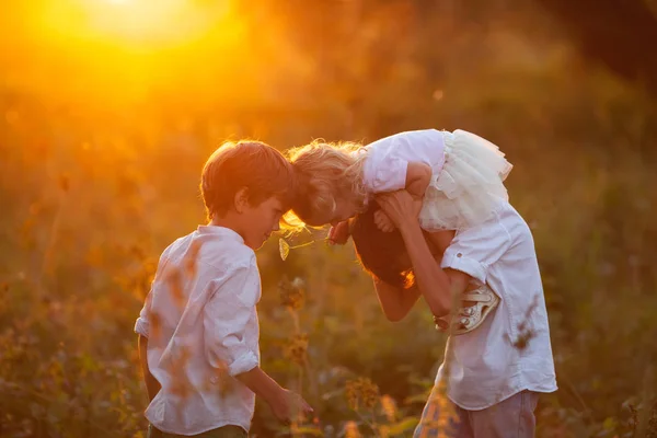 Retrato de la hermana bastante feliz y hermanos en verano, al aire libre — Foto de Stock