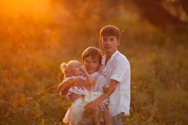 Retrato de irmã muito feliz e irmãos em suummer, ao ar livre — Fotografia de Stock