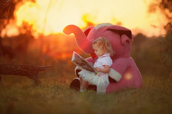 可愛い少女とピンクの象夕暮れ時の夏の野原のほとりで柔らかいおもちゃで遊ぶ少女 — ストック写真