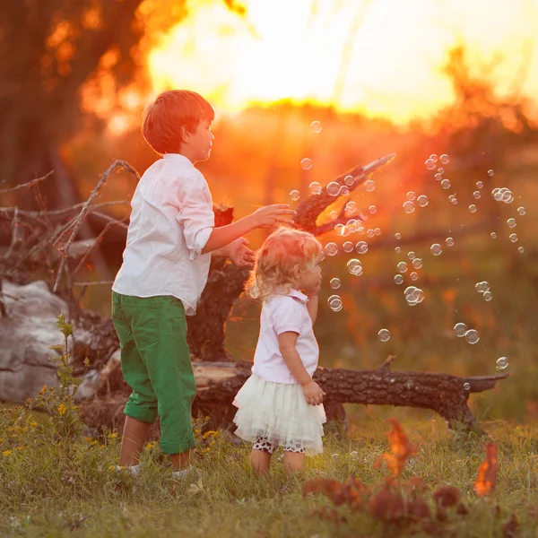 Menina bonita e elefante rosa. Menina brincando com um brinquedo macio em uma fotne de um campo de verão ao pôr do sol — Fotografia de Stock
