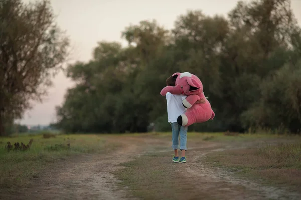 Genç pembe bir fil taşır ve yaz yolu boyunca iedt — Stok fotoğraf