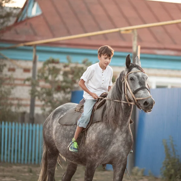 Jonge jongen vol vertrouwen galopperend paard op het veld — Stockfoto