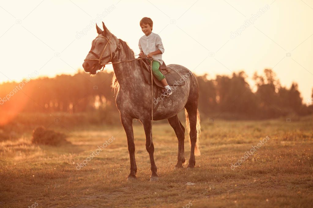 Young boy confident galloping horse on the field