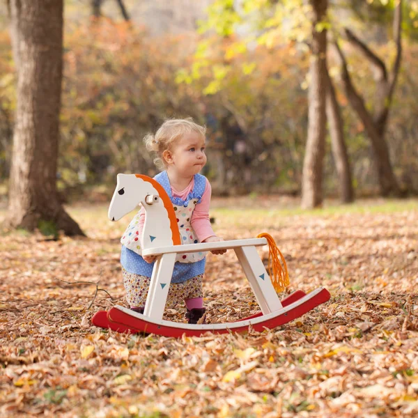 Little cute elegant beautiful girl walks in autumn park — Stock Photo, Image