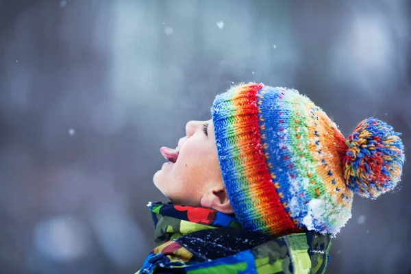 Porträt eines schönen Jungen, ein Kind fängt mich mit einer Schneeflocke — Stockfoto