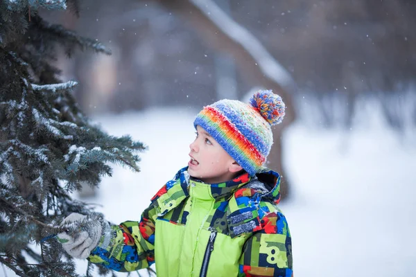 Vrolijke happy boy spelen in winter park, buiten — Stockfoto