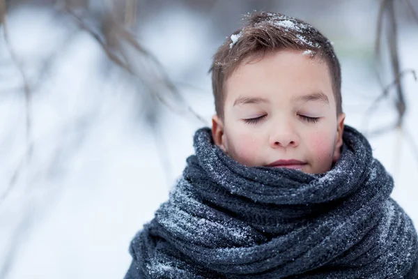 Портрет грустного мальчика в черном пальто для прогулок в зимнем парке, на открытом воздухе — стоковое фото