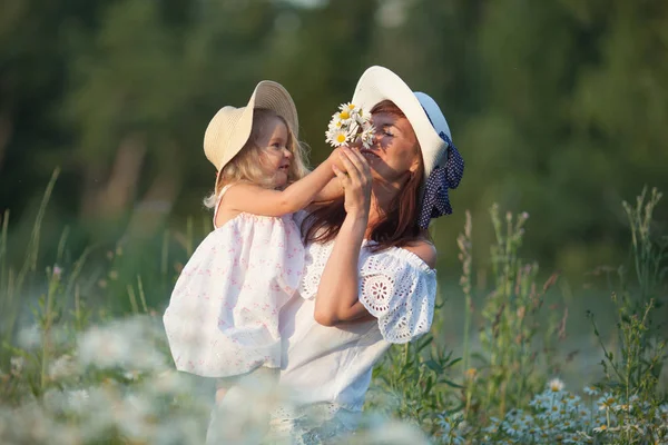 Ευτυχισμένη οικογένεια μητέρα με χαριτωμένο μικρό παιδί κορίτσι στο πεδίο του χαμομηλιού το καλοκαίρι — Φωτογραφία Αρχείου