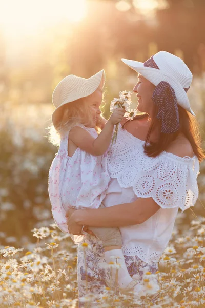 Gelukkige familie moeder met schattige kleine kind meisje in de Kamille veld in de zomer — Stockfoto