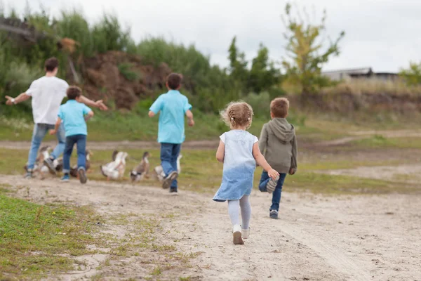 Grupo de alegres y felices hermosos niños corriendo en el parque, al aire libre — Foto de Stock