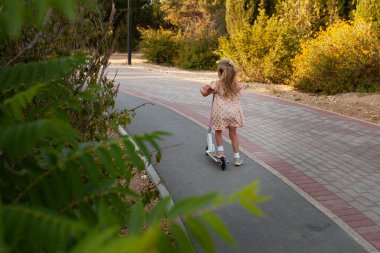 Mutlu güzel kız güzel bir sonbahar parkında scooter sürüyor.