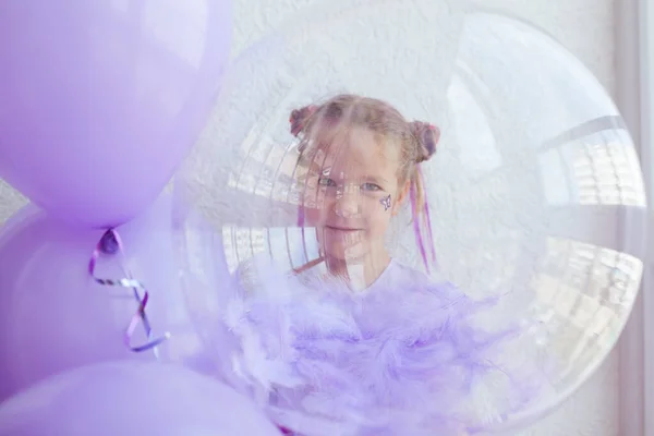 Portrait Cheerful Pretty Girl Purple Transparent Balloons Holiday Child — Stock Photo, Image