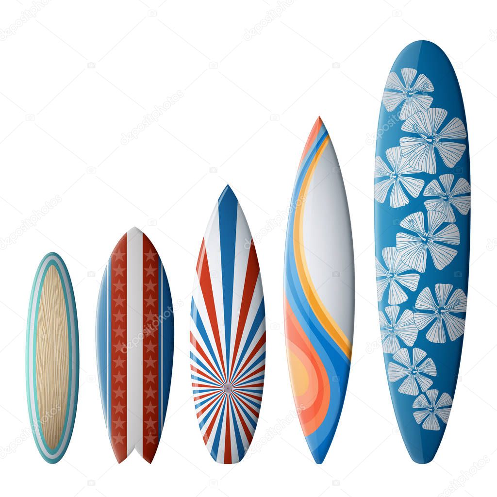 Set of surfboards with original design, with color print, EPS 10 contains transparency.