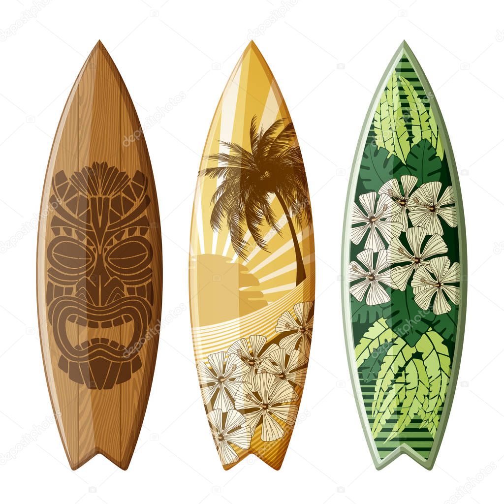 Set of surfboards with original flat design, with color print, EPS 10 contains transparency.