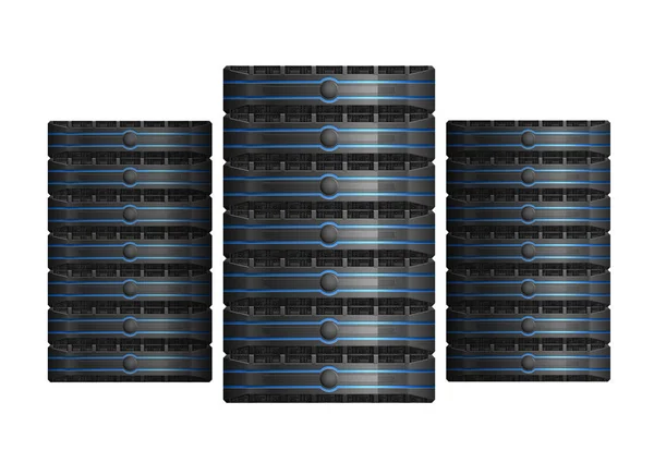 Drie Server Racks Met Apparatuur Datacenters Pictogram Witte Achtergrond Eps — Stockvector